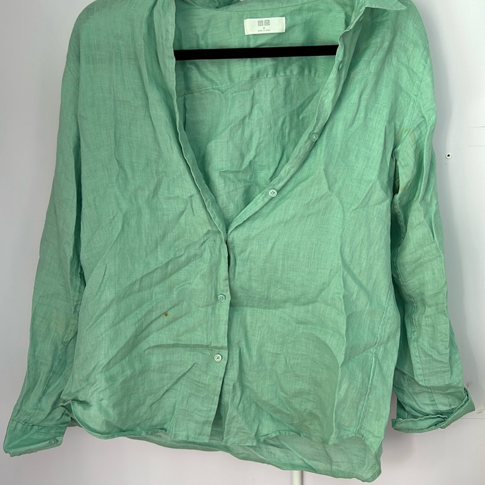 Green linen Uniqlo  button down, lightly stained, slightly worn